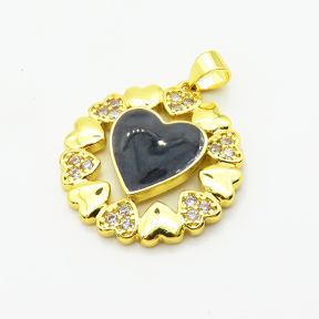 Micro Pave Cubic Zirconia & Enamel,Brass Pendants,Flat Round,Heart,Plated Gold,Mixed Color,22mm,Hole:2mm,about 3.6g/pc,5 pcs/package,XFPC04448baka-L024