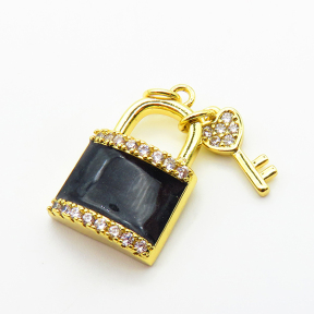 Micro Pave Cubic Zirconia & Enamel,Brass Pendants,Lock,Key,Plated Gold,Mixed Color,20x14mm,Hole:2mm,about 4.7g/pc,5 pcs/package,XFPC04459baka-L024