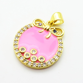 Micro Pave Cubic Zirconia & Enamel,Brass Pendants,Flat Round,Bow Tie,Plated Gold,Mixed Color,19mm,Hole:2mm,about 3.5g/pc,5 pcs/package,XFPC04495aajl-L024
