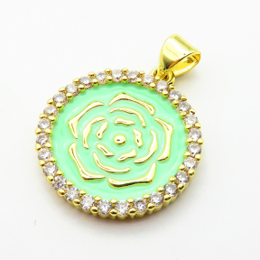 Micro Pave Cubic Zirconia & Enamel,Brass Pendants,Round,Rose Flower,Plated Gold,Mixed Color,19mm,Hole:2mm,about 3.2g/pc,5 pcs/package,XFPC04520aajl-L024