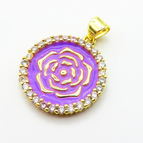 Micro Pave Cubic Zirconia & Enamel,Brass Pendants,Round,Rose Flower,Plated Gold,Mixed Color,19mm,Hole:2mm,about 3.2g/pc,5 pcs/package,XFPC04520aajl-L024