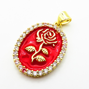 Micro Pave Cubic Zirconia & Enamel,Brass Pendants,Oval,Rose Flower,Plated Gold,mixed color,22x18mm,Hole:2mm,about 3.5g/pc,5 pcs/package,XFPC04527aajl-L024