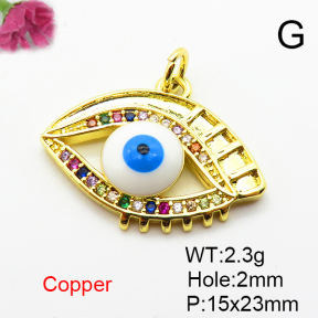 Micro Pave Cubic Zirconia & Enamel,Brass Pendants,Devil's Eye,Plated Gold,15x23mm,Hole:2mm,about 2.3g/pc,5 pcs/package,XFPC04567aajl-L024