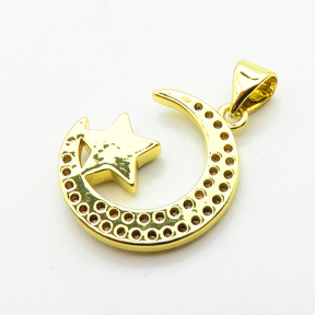 Micro Pave Cubic Zirconia & Enamel,Brass Pendants,Moon,Stars,Plated Gold,18x16mm,Hole:2mm,about 2g/pc,5 pcs/package,XFPC04576avja-L024