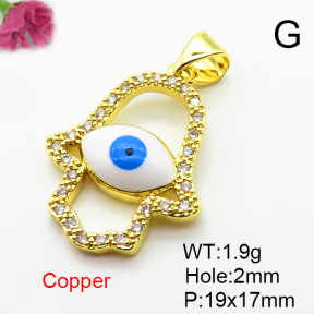 Micro Pave Cubic Zirconia & Enamel,Brass Pendants,Hamsa Hand/Hand of Fatima/Hand of Miriam,Devil's Eye,Plated Gold,19x17mm,Hole:2mm,about 1.9g/pc,5 pcs/package,XFPC04579aajl-L024