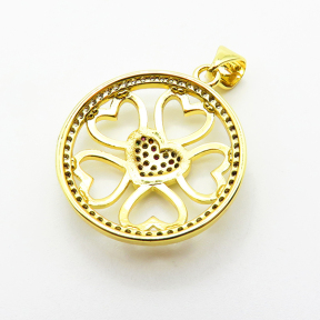 Micro Pave Cubic Zirconia,Brass Pendants,Round,Heart,Plated Gold,21mm,Hole:2mm,about 2.4g/pc,5 pcs/package,XFPC04588baka-L024