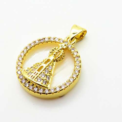 Micro Pave Cubic Zirconia & Shell,Brass Pendants,Round,Church,Plated Gold,18mm,Hole:2mm,about 2.8g/pc,5 pcs/package,XFPC04617aajl-L024