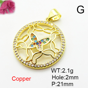Micro Pave Cubic Zirconia,Brass Pendants,Round,Butterfly,Plated Gold,21mm,Hole:2mm,about 2.1g/pc,5 pcs/package,XFPC04623baka-L024