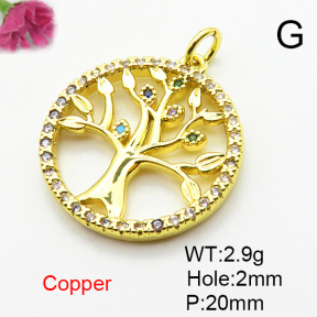 Micro Pave Cubic Zirconia,Brass Pendants,Round,Tree of Life,Plated Gold,20mm,Hole:2mm,about 2.9g/pc,5 pcs/package,XFPC04626aajl-L024