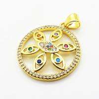 Micro Pave Cubic Zirconia,Brass Pendants,Round,Flower,Devil's Eye,Plated Gold,21mm,Hole:2mm,about 2.3g/pc,5 pcs/package,XFPC04629baka-L024