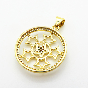 Micro Pave Cubic Zirconia,Brass Pendants,Round,Star,Plated Gold,21mm,Hole:2mm,about 2.1g/pc,5 pcs/package,XFPC04632baka-L024