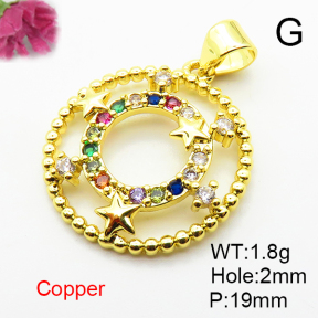 Micro Pave Cubic Zirconia,Brass Pendants,Round,Star,Plated Gold,19mm,Hole:2mm,about 1.8g/pc,5 pcs/package,XFPC04635aajl-L024