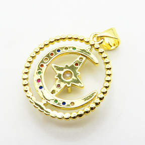Micro Pave Cubic Zirconia,Brass Pendants,Round,Moon,Plated Gold,19mm,Hole:2mm,about 2.1g/pc,5 pcs/package,XFPC04638aajl-L024