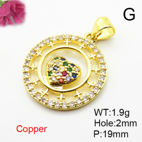 Micro Pave Cubic Zirconia,Brass Pendants,Round,Heart,Plated Gold,19mm,Hole:2mm,about 1.9g/pc,5 pcs/package,XFPC04641aajl-L024