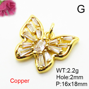 Cubic Zirconia,Brass Pendants,Butterfly,Plated Gold,16x18mm,Hole:2mm,about 2.2g/pc,5 pcs/package,XFPC04653aajl-L024