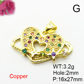 Micro Pave Cubic Zirconia,Brass Pendants,Heart,Plated Gold,16x27mm,Hole:2mm,about 3.2g/pc,5 pcs/package,XFPC04665aajl-L024