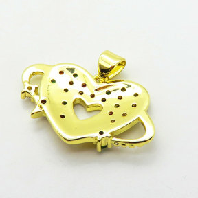 Micro Pave Cubic Zirconia,Brass Pendants,Heart,Plated Gold,16x27mm,Hole:2mm,about 3.2g/pc,5 pcs/package,XFPC04665aajl-L024