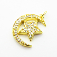 Micro Pave Cubic Zirconia,Brass Pendants,Moon,Stars,Plated Gold,19x16mm,Hole:2mm,about 2.7g/pc,5 pcs/package,XFPC04692baka-L024