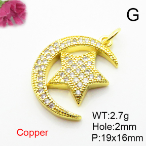 Micro Pave Cubic Zirconia,Brass Pendants,Moon,Stars,Plated Gold,19x16mm,Hole:2mm,about 2.7g/pc,5 pcs/package,XFPC04692baka-L024