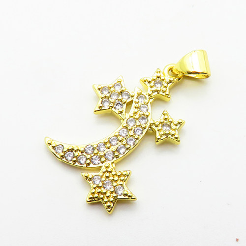Micro Pave Cubic Zirconia,Brass Pendants,Moon,Stars,Plated Gold,21x17mm,Hole:2mm,about 1.9g/pc,5 pcs/package,XFPC04695aajl-L024