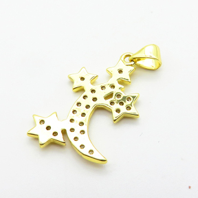 Micro Pave Cubic Zirconia,Brass Pendants,Moon,Stars,Plated Gold,21x17mm,Hole:2mm,about 1.9g/pc,5 pcs/package,XFPC04695aajl-L024