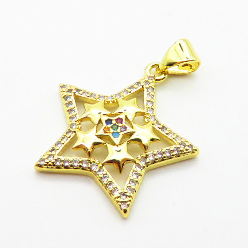 Micro Pave Cubic Zirconia,Brass Pendants,Star,Plated Gold,20mm,Hole:2mm,about 1.8g/pc,5 pcs/package,XFPC04701baka-L024