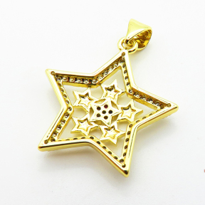 Micro Pave Cubic Zirconia,Brass Pendants,Star,Plated Gold,20mm,Hole:2mm,about 1.8g/pc,5 pcs/package,XFPC04701baka-L024
