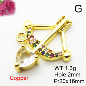 Micro Pave Cubic Zirconia,Brass Pendants,Bow and Arrow,Plated Gold,20x16mm,Hole:2mm,about 1.3g/pc,5 pcs/package,XFPC04707avja-L024