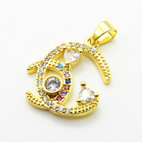 Micro Pave Cubic Zirconia,Brass Pendants,C Shape,Plated Gold,16mm,Hole:2mm,about 1.7g/pc,5 pcs/package,XFPC04710aajl-L024