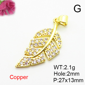 Micro Pave Cubic Zirconia,Brass Pendants,Leaf,Plated Gold,27x13mm,Hole:2mm,about 2.1g/pc,5 pcs/package,XFPC04725aajl-L024
