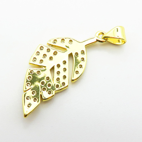 Micro Pave Cubic Zirconia,Brass Pendants,Leaf,Plated Gold,27x13mm,Hole:2mm,about 2.1g/pc,5 pcs/package,XFPC04725aajl-L024