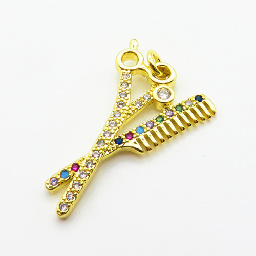 Micro Pave Cubic Zirconia,Brass Pendants,Scissors,Plated Gold,25x16mm,Hole:2mm,about 1.4g/pc,5 pcs/package,XFPC04728aajl-L024