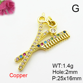 Micro Pave Cubic Zirconia,Brass Pendants,Scissors,Plated Gold,25x16mm,Hole:2mm,about 1.4g/pc,5 pcs/package,XFPC04728aajl-L024