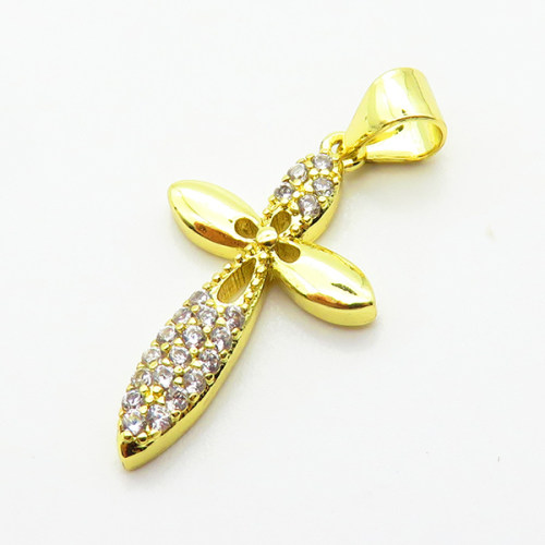 Micro Pave Cubic Zirconia,Brass Pendants,Cross,for Easter,Plated Gold,20x13mm,Hole:2mm,about 1g/pc,5 pcs/package,XFPC04734vail-L024