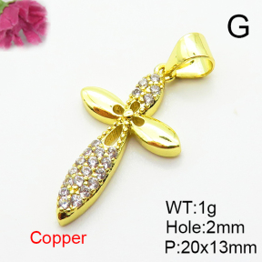 Micro Pave Cubic Zirconia,Brass Pendants,Cross,for Easter,Plated Gold,20x13mm,Hole:2mm,about 1g/pc,5 pcs/package,XFPC04734vail-L024