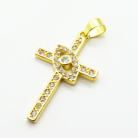 Micro Pave Cubic Zirconia,Brass Pendants,Cross,Eyes,for Easter,Plated Gold,25x16mm,Hole:2mm,about 1.3g/pc,5 pcs/package,XFPC04737avja-L024