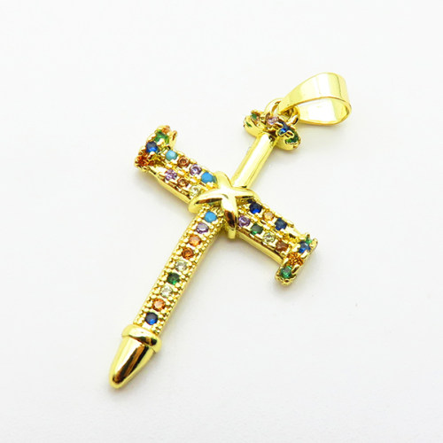 Micro Pave Cubic Zirconia,Brass Pendants,Cross,for Easter,Plated Gold,26x16mm,Hole:2mm,about 1.4g/pc,5 pcs/package,XFPC04740aajl-L024