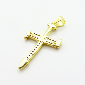 Micro Pave Cubic Zirconia,Brass Pendants,Cross,for Easter,Plated Gold,26x16mm,Hole:2mm,about 1.4g/pc,5 pcs/package,XFPC04740aajl-L024