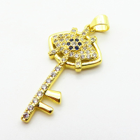 Micro Pave Cubic Zirconia,Brass Pendants,Key,Devil's Eye,Plated Gold,30x17mm,Hole:2mm,about 2.1g/pc,5 pcs/package,XFPC04743baka-L024