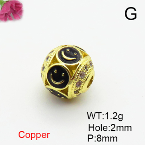 Brass Micro Pave Cubic Zirconia Beads,with Enamel,Ball,Smiley,Plated Gold,8mm,Hole:2mm,about 1.2g/pc,5 pcs/package,XFF00943aaho-L035