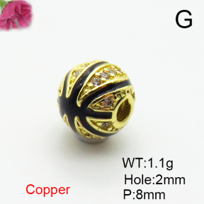 Brass Micro Pave Cubic Zirconia Beads,with Enamel,Ball,Plated Gold,8mm,Hole:2mm,about 1.1g/pc,5 pcs/package,XFF00949aahm-L035