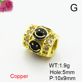 Brass Micro Pave Cubic Zirconia Beads,with Enamel,Drum Beads,Smiley,Plated Gold,10x9mm,Hole:10x9mm,about 1.9g/pc,5 pcs/package,XFF00967aaij-L035