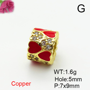 Brass Micro Pave Cubic Zirconia Beads,with Enamel,Cylinder Beads,Heart,Plated Gold,7x9mm,Hole:5mm,about 1.6g/pc,5 pcs/package,XFF00970vaia-L035
