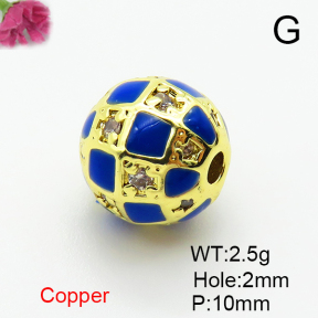 Brass Micro Pave Cubic Zirconia Beads,with Enamel,Ball,Plated Gold,10mm,Hole:2mm,about 2.5g/pc,5 pcs/package,XFF00991vaia-L035
