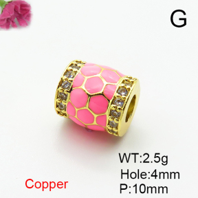 Brass Micro Pave Cubic Zirconia European Beads,with Enamel,Cylinder Beads,Plated Gold,10mm,Hole:4mm,about 2.5g/pc,5 pcs/package,XFF01012aaio-L035