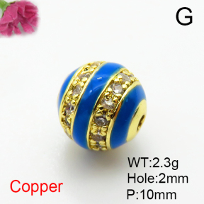 Brass Micro Pave Cubic Zirconia Beads,with Enamel,Ball,Plated Gold,10mm,Hole:2mm,about 2.3g/pc,5 pcs/package,XFF01038vaia-L035