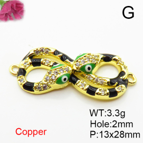 Brass Micro Pave Cubic Zirconia Links Connectors,with Enamel,Snake,Plated Gold,13x28mm,Hole:2mm,about 3.3g/pc,5 pcs/package,XFL02296aaji-L035