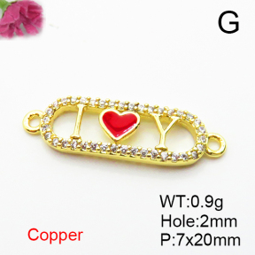 Brass Micro Pave Cubic Zirconia Links Connectors,with Enamel,Rectangle,Heart,Plated Gold,7x20mm,Hole:2mm,about 0.9g/pc,5 pcs/package,XFL02302aaij-L035