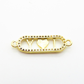 Brass Micro Pave Cubic Zirconia Links Connectors,with Enamel,Rectangle,Heart,Plated Gold,7x20mm,Hole:2mm,about 0.9g/pc,5 pcs/package,XFL02302aaij-L035