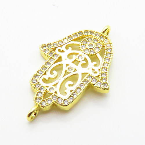 Brass Micro Pave Cubic Zirconia Links Connectors,Hamsa Hand/Hand of Fatima/Hand of Miriam,Plated Gold,21x17mm,Hole:1.5mm,about 1.6g/pc,5 pcs/package,XFL02314aaim-L035